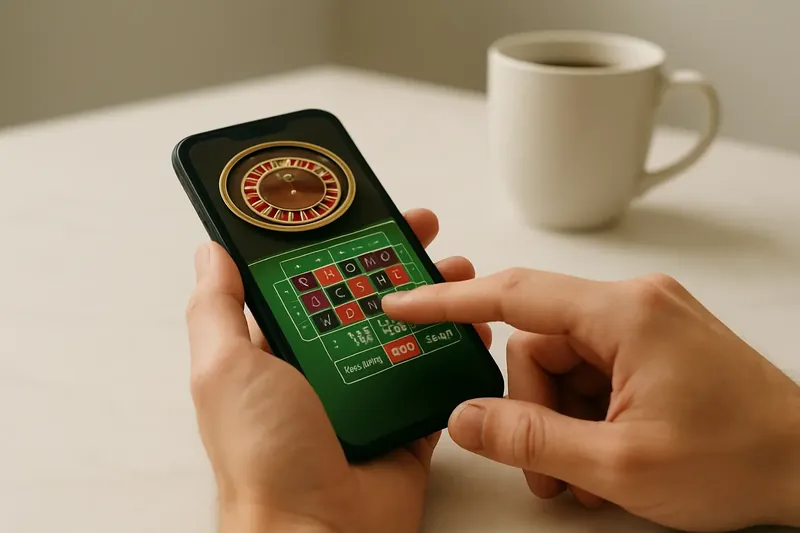Man's hands tapping mobile casino interface on phone at marble desk