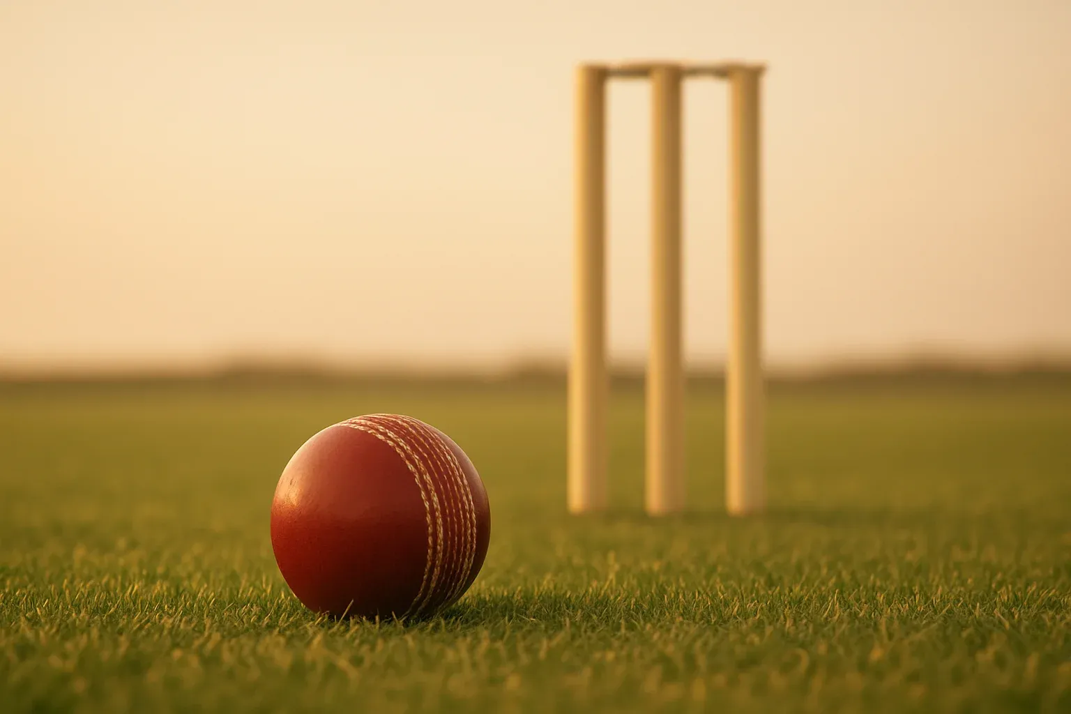 Red cricket ball on mown grass with stumps at dusk