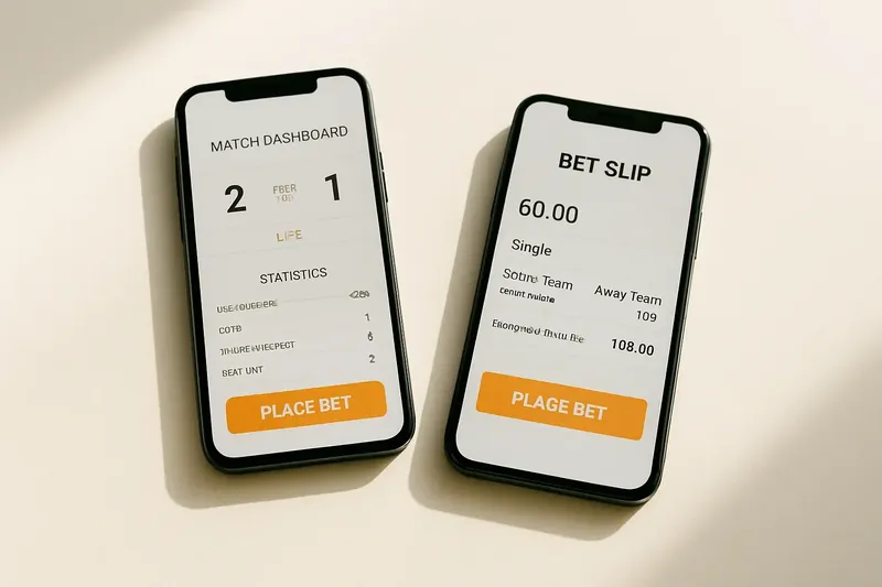 Two smartphones showing match dashboard and bet slip on cream surface