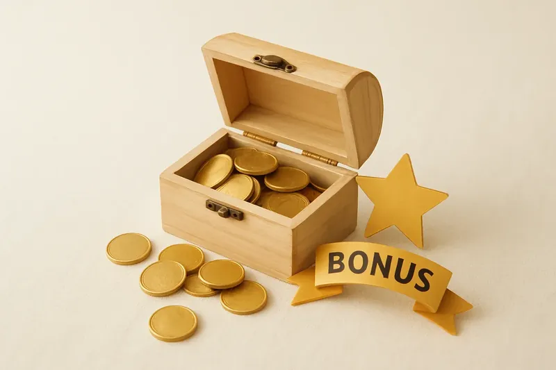 Open treasure box with gold coins, star badge and bonus ribbon