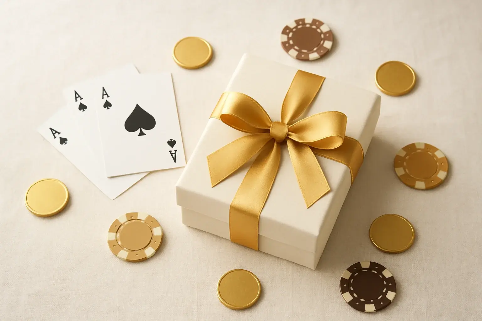 Premium gift box with casino chips, cards, and gold coins