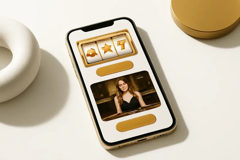 Mobile phone showing casino app with slots and live casino games