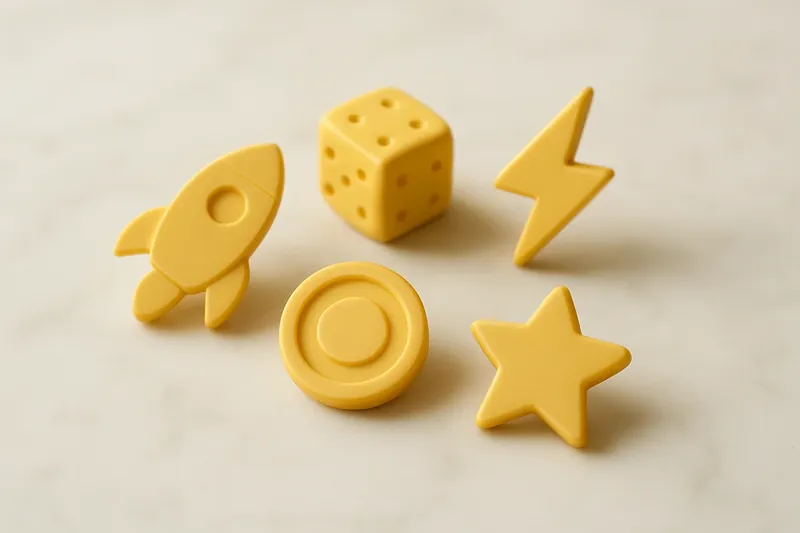 Five 3D instant game symbols clustered on white marble