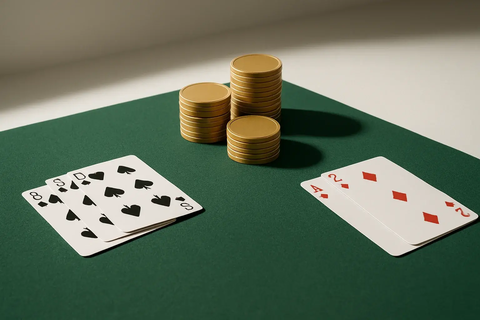 Green felt casino table with card hands and stacked gold chips