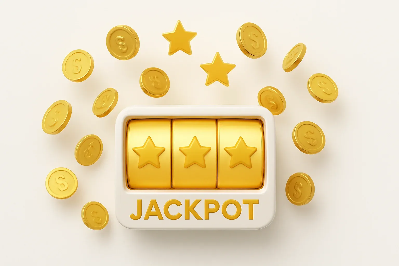 Slot machine jackpot with coins and stars on white background